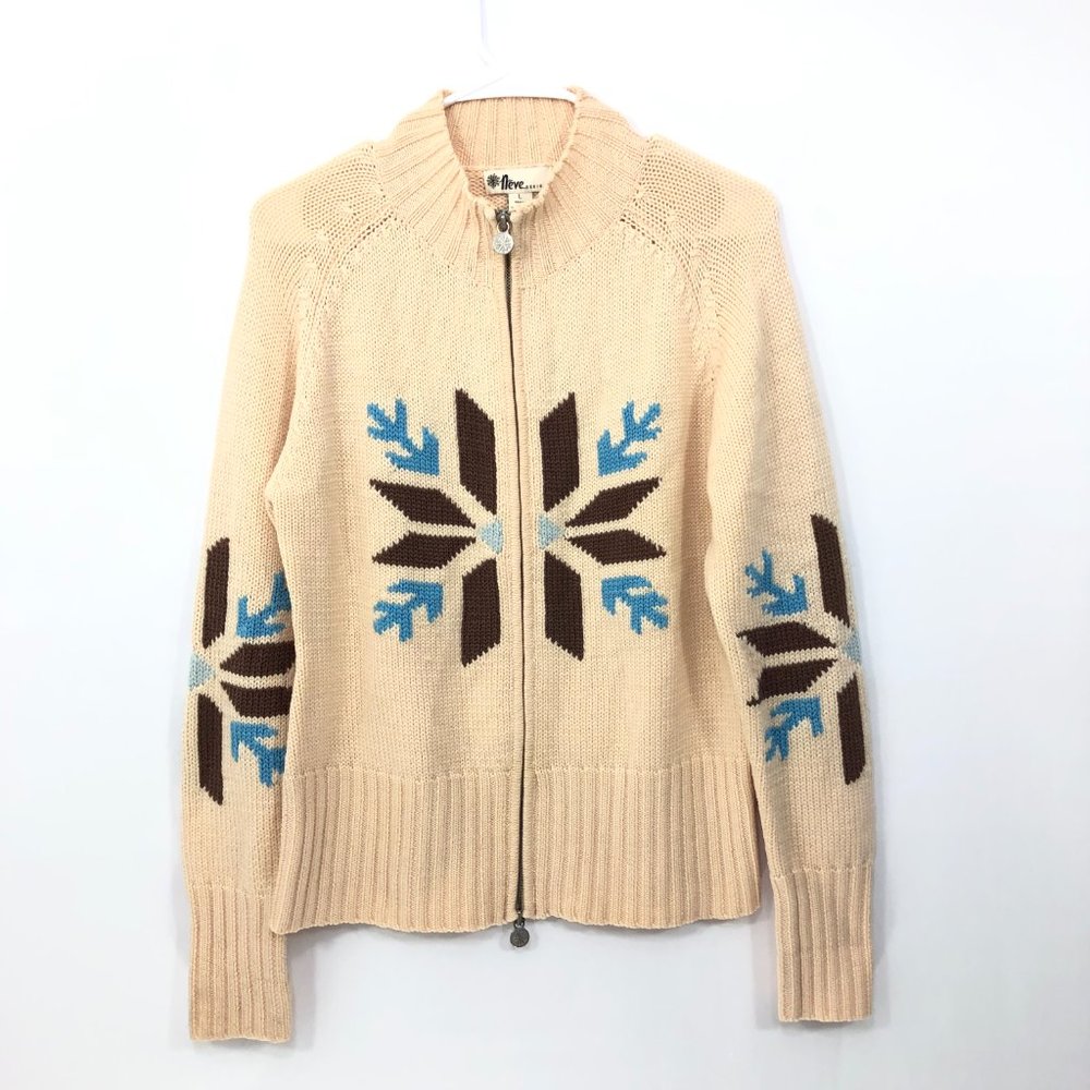 Zip-Front Snowflake Knit Cardigan Sweater - Beige